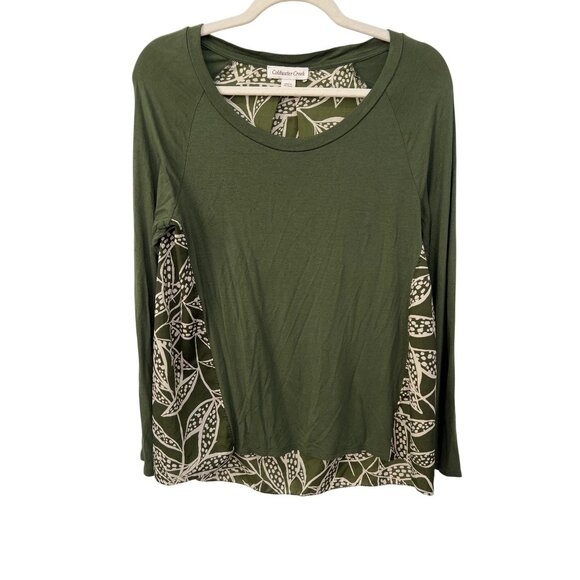 Coldwater Creek Top Size XS Long Sleeve Mixed Media Leaf Print Green Bohemian - Picture 1 of 7